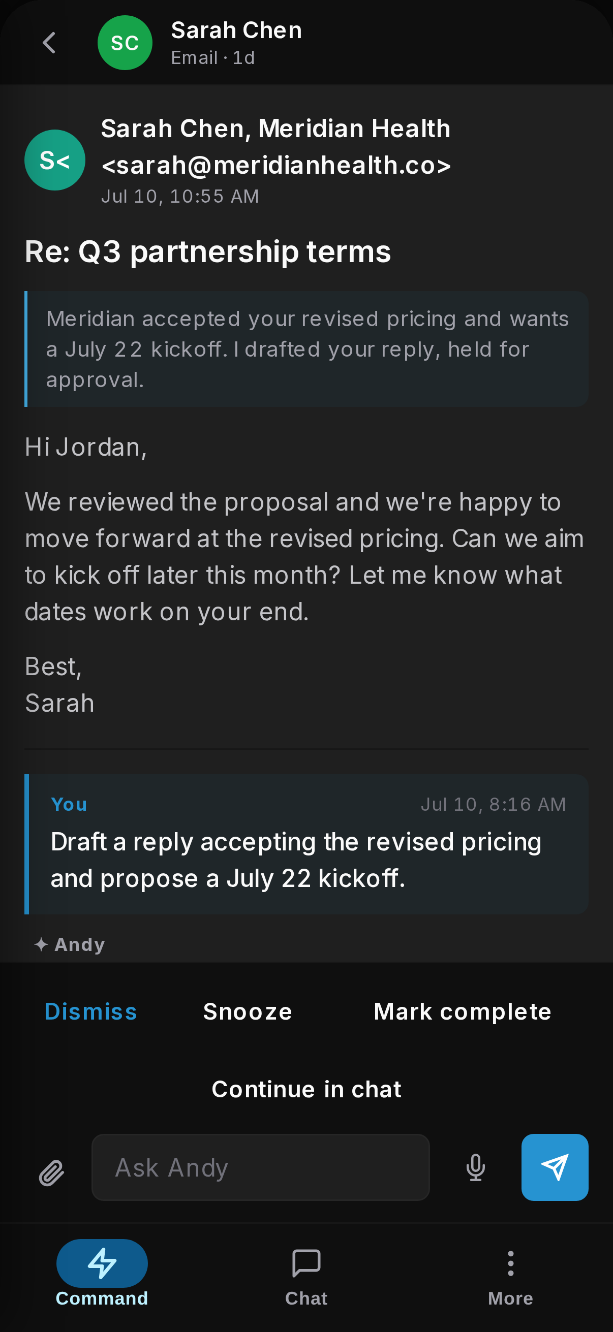 The Andy app on mobile: a customer email triaged with Andy's reply drafted in your voice, held for your approval