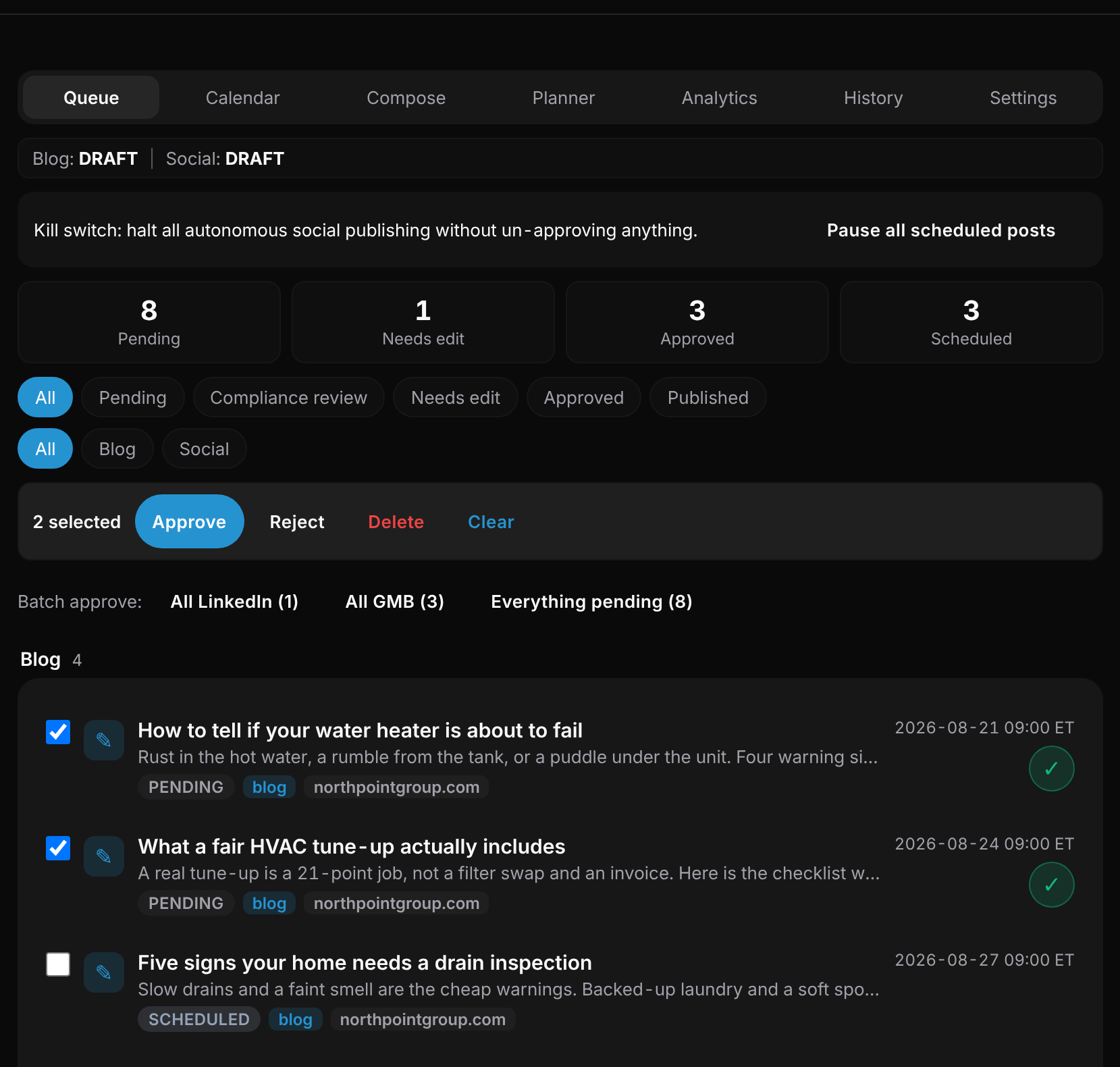 A content module inside the Andy app: a review queue of drafted blog and social posts with approve and reject controls