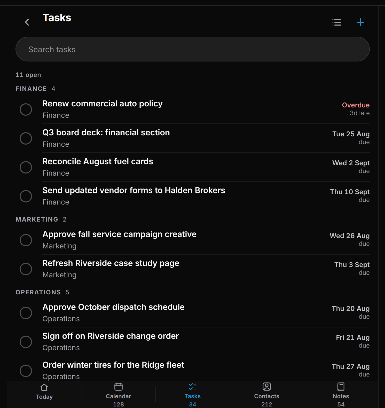 A self-hosted Nextcloud surfaced inside the Andy app: eleven open tasks grouped by finance, marketing and operations, with due dates and one flagged overdue